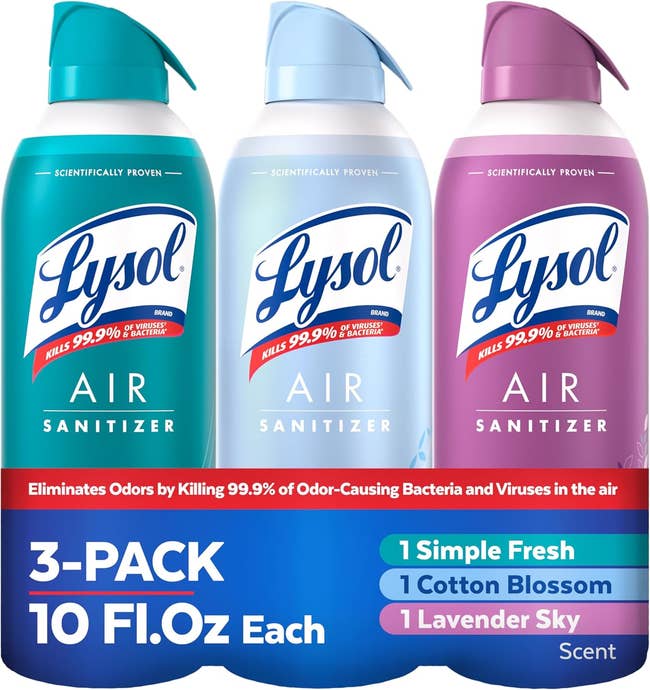 Three-pack of Lysol Air Sanitizer successful  Simple Fresh, Cotton Blossom, and Lavender Sky scents, each   10 fl. oz. Eliminates 99.9% of odors