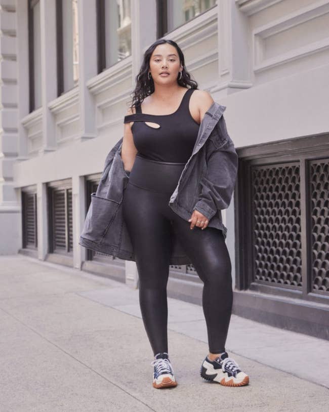 a model in the faux leather leggings