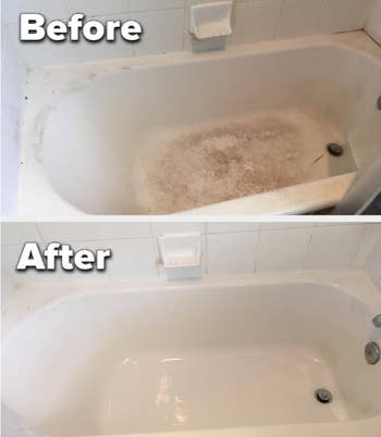 reviewer before and after of their dirty and then clean bathtub 
