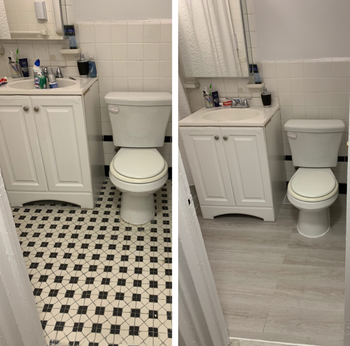 before and after photo of the flooring on a reviewer's bathroom floor