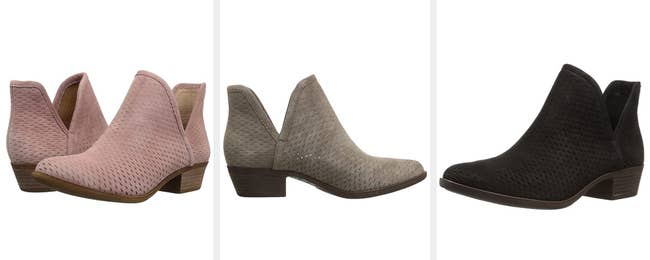 Three images of pink, gray, and black booties