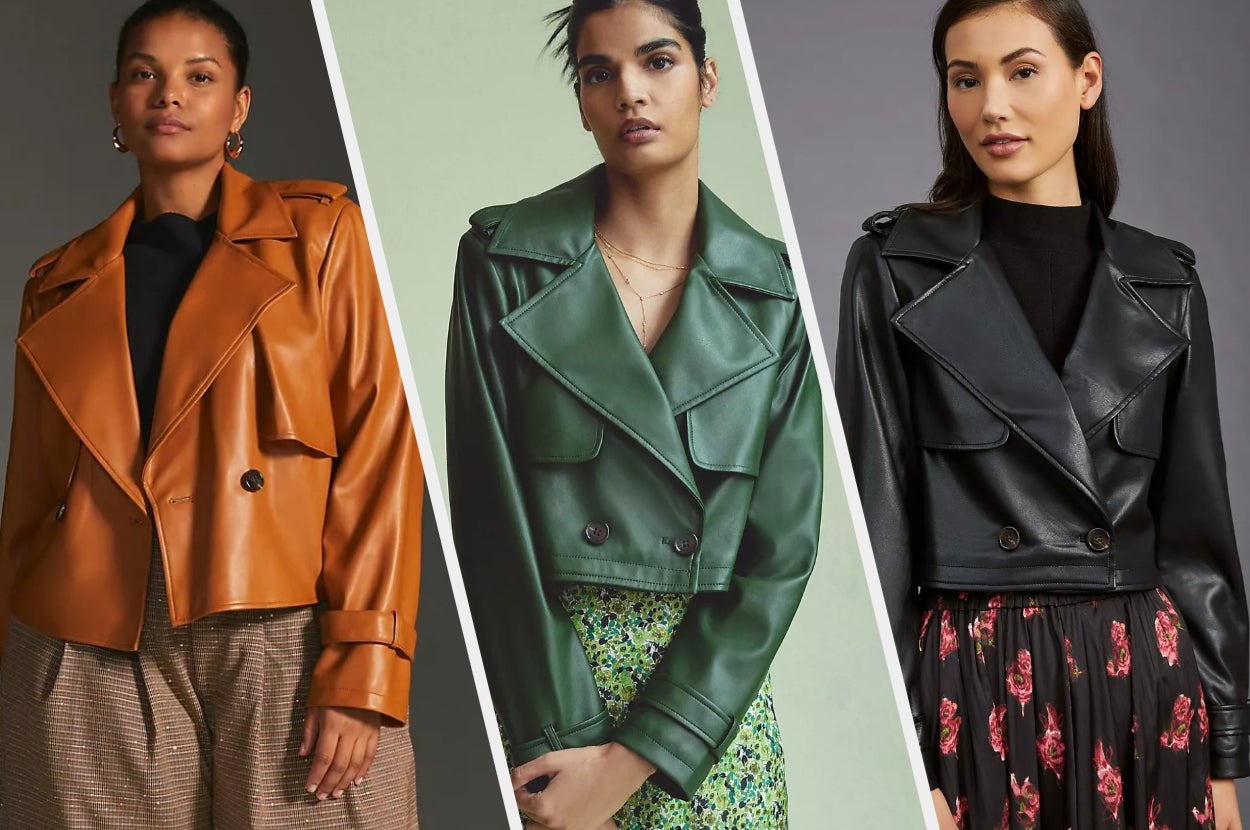 Three images of models wearing brown, green, and black jackets