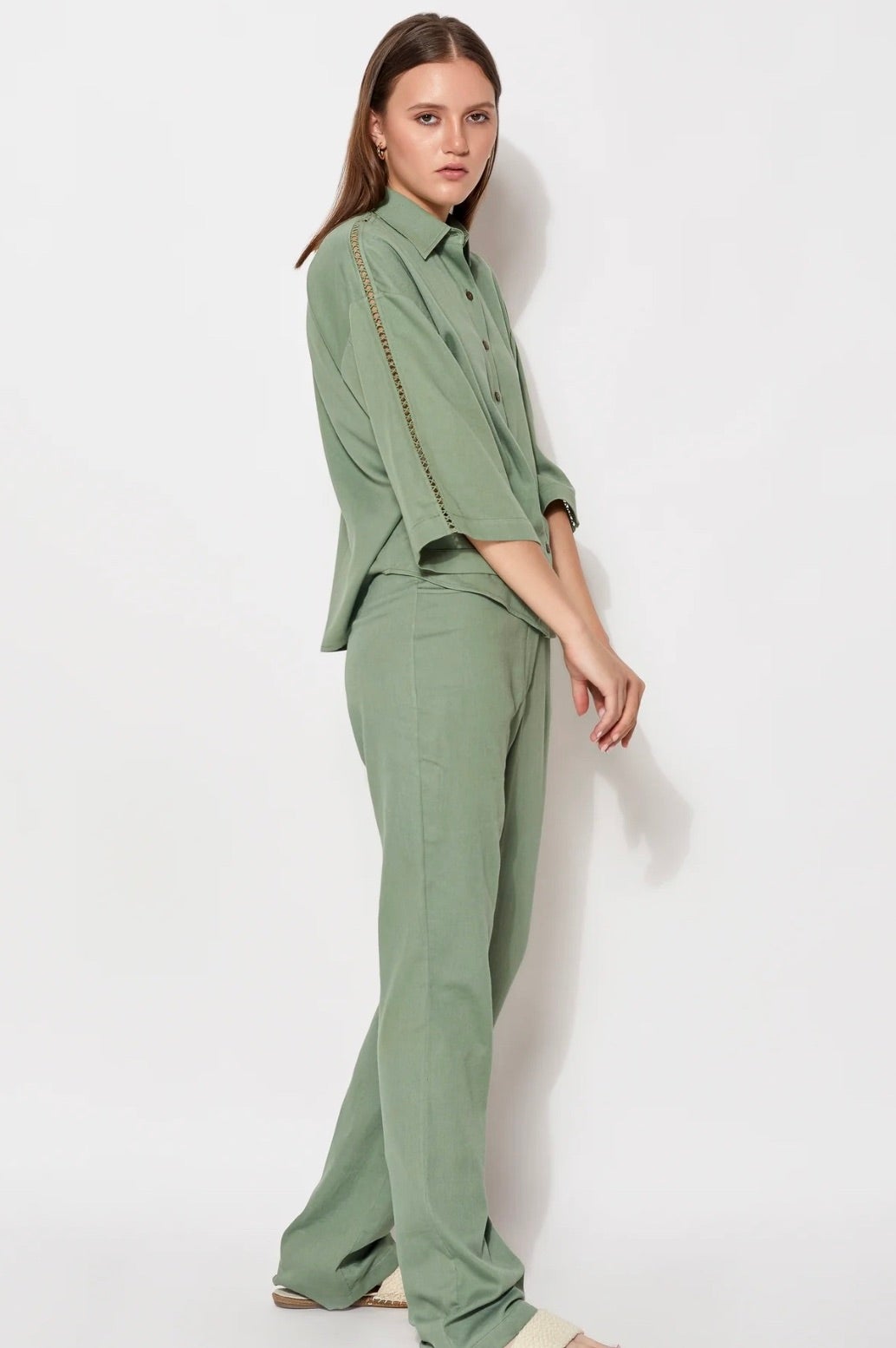 model wearing the olive lounge set