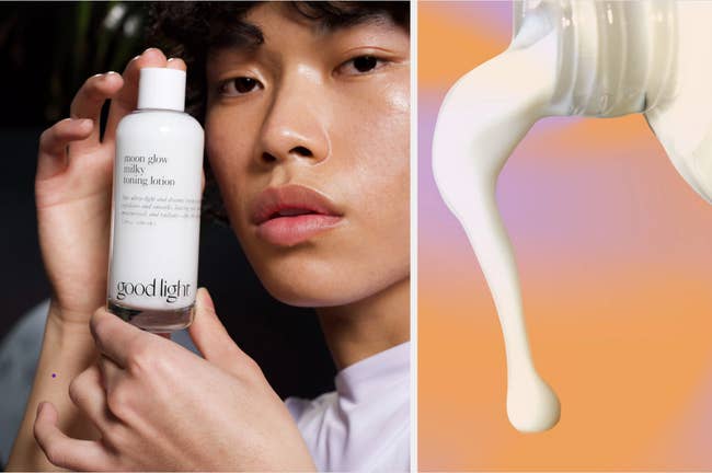 Model holding white bottle of milky lotion, close up of product formula being poured from bottle