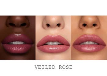 Three models wearing 'Veiled Rose' lipstick from a beauty line, showing the product on different skin tones