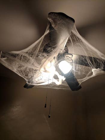 the spider webbing draped around an indoor ceiling fan/lamp