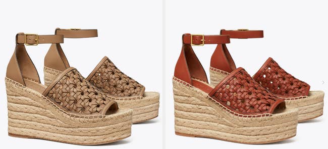 Two images of brown and red Tory Burch sandals