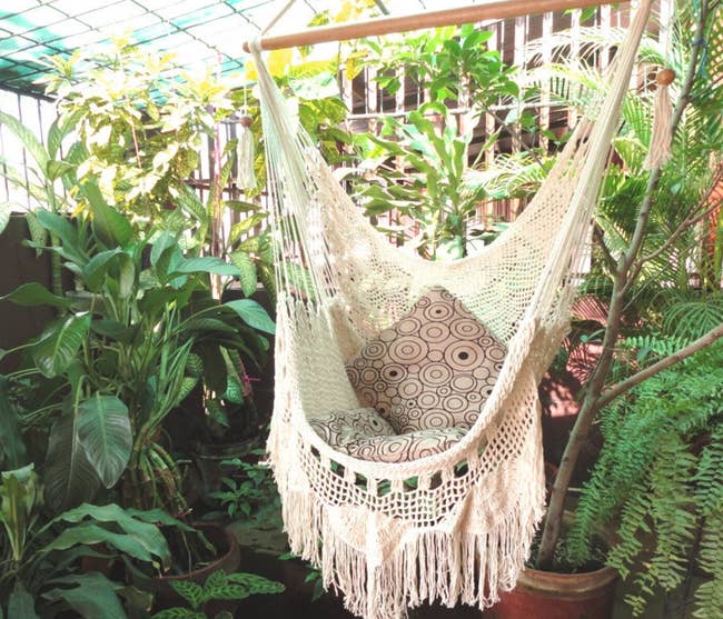 the beige hammock with pillows on top