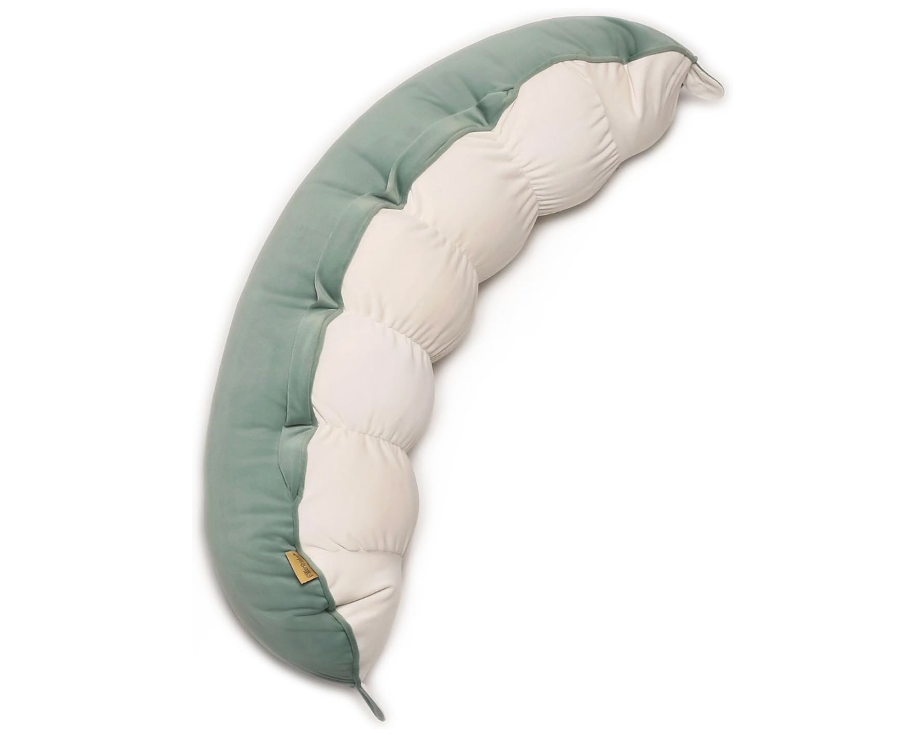 Curved body pillow with alternating plush sections, designed for comfort and support, suitable for relaxation or sleep