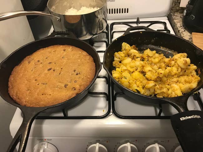 a reviewer using two skillets to make a cookie in one and potatoes in the other