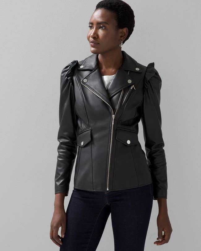 Image of model wearing the black leather jacket