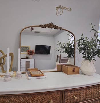 Dresser with decorative items, reflector  reflecting TV and bed, potted plants, and a partition  motion   saying 