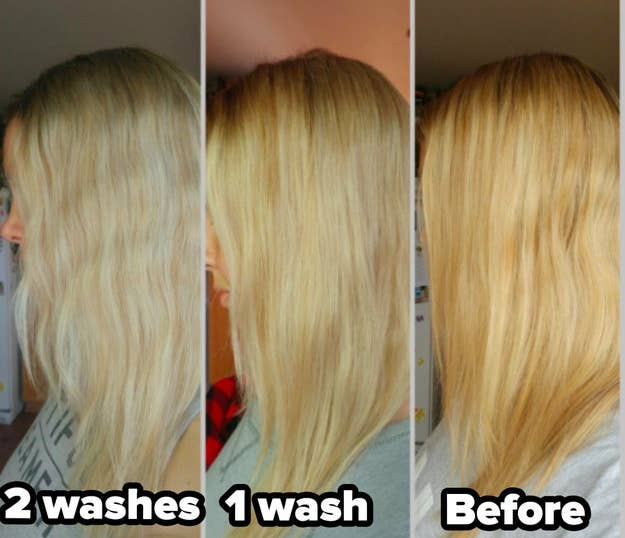 From right to left: A reviewer's hair with a yellow tint (before), their hair slightly lighter (1 wash), and finally their hair with a more platinum blonde shade (2 washes)