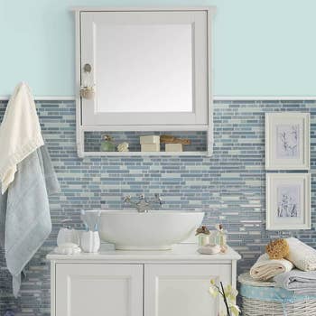 blue backsplash tiles in a bathroom