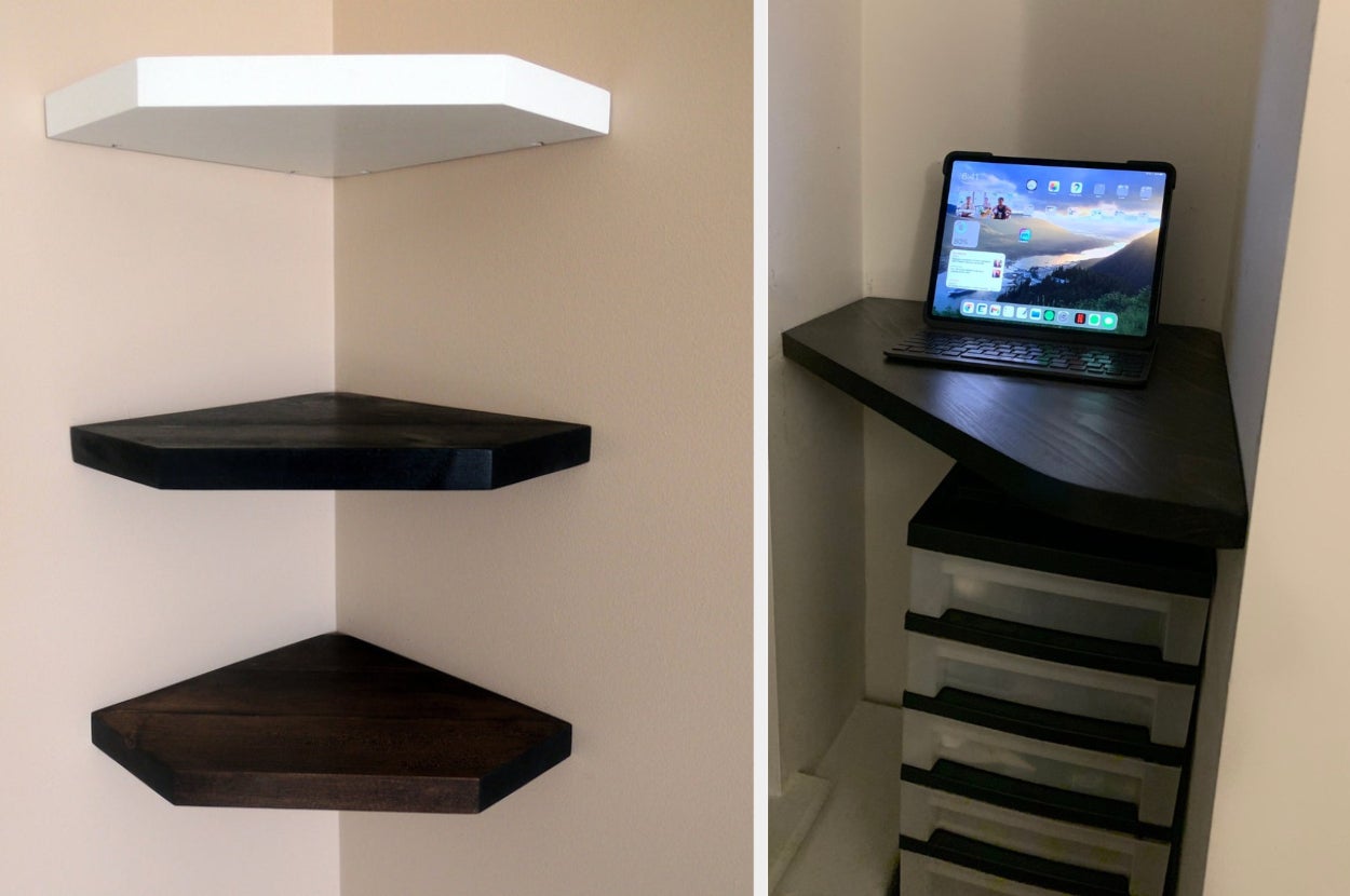 White, black, and brown small floating corner shelves with nothing on top, laptop on top of product