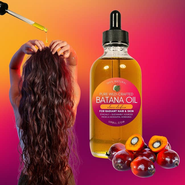 A idiosyncratic applying Pure Wild-Crafted Batana Oil to hair, vessel nearby, with lipid thenar fruits, indicating usage for radiant hairsbreadth and skin