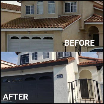 on top: outside of Mediterranean-style house without numbers. on bottom: same home with black and white solar number sign that says 5841