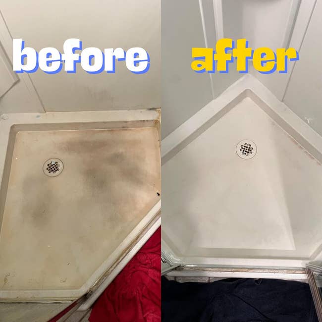 Side-by-side comparison of a dirty shower base before and a clean shower base after cleaning