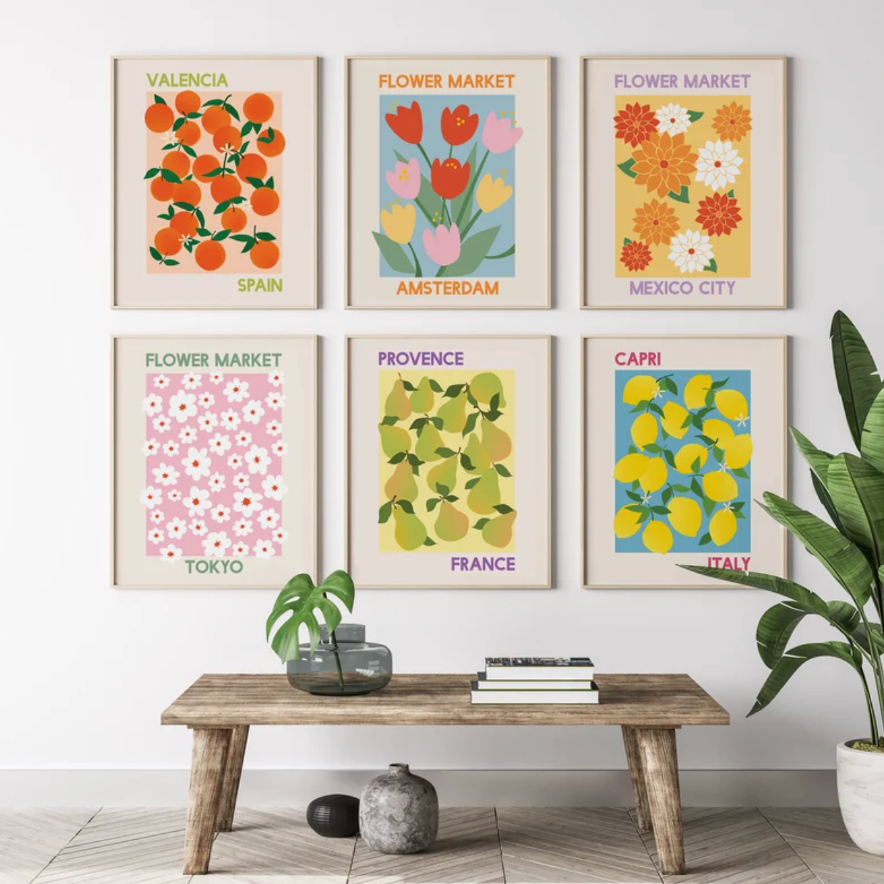 framed digital art prints featuring florals found in different global cities above bench