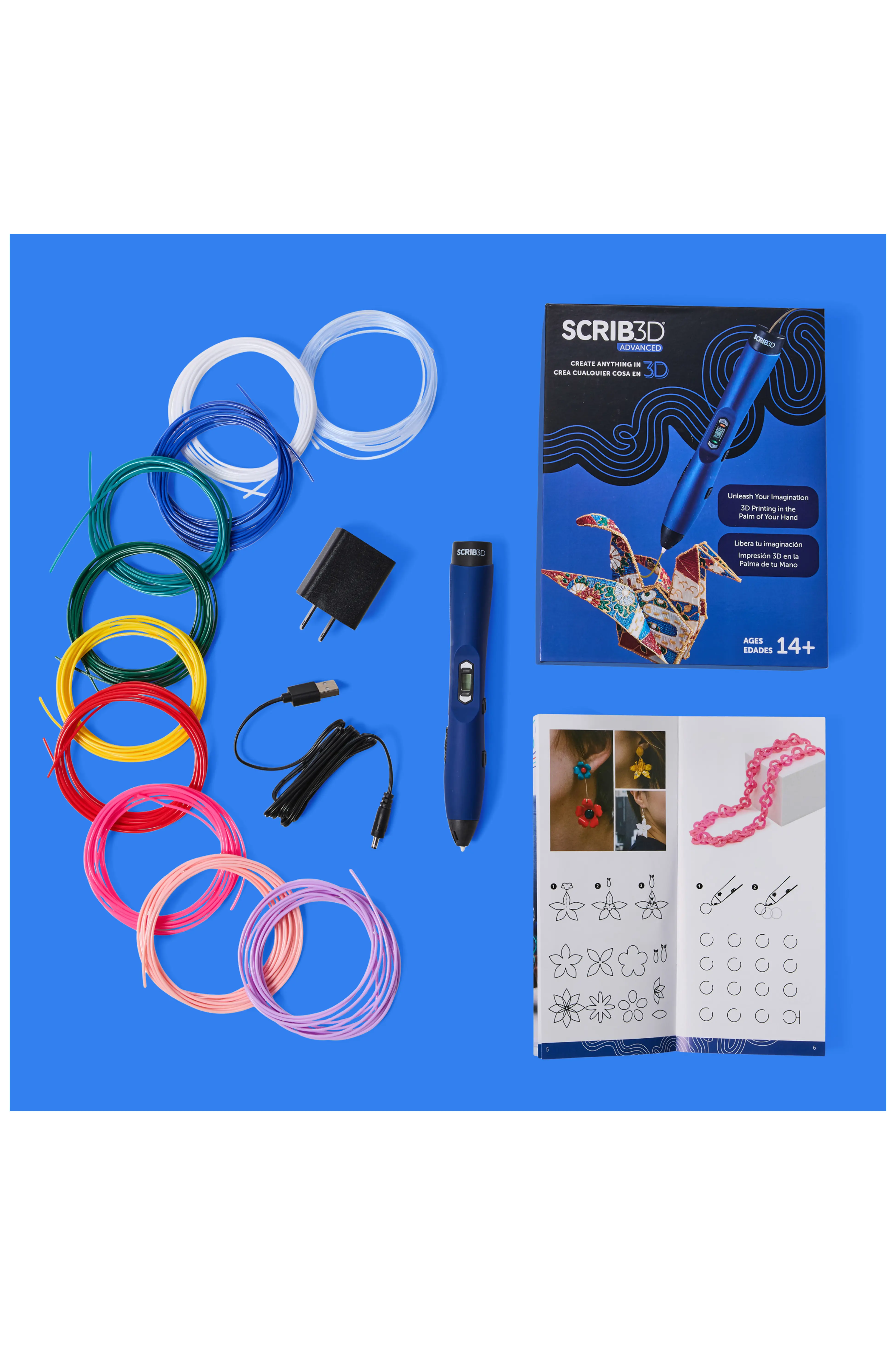 3D printing pen kit with filaments, power adapter, pen, and booklet. Suitable for ages 14 and up. Box shows creative design possibilities