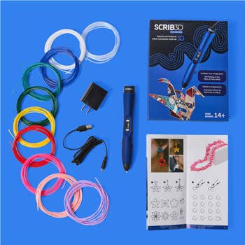 3D printing pen kit with filaments, power adapter, pen, and booklet. Suitable for ages 14 and up. Box shows creative design possibilities