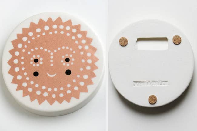 collage, front and back view of porcelain sun coaster