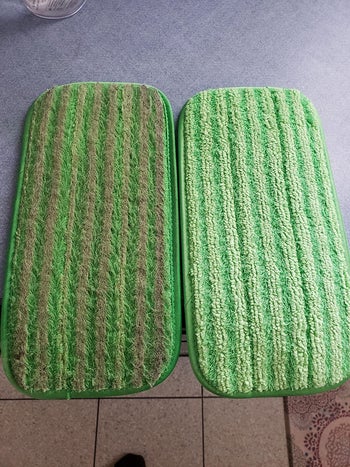 a reviewer photo of a dirty mop pad on the left, and a clean mop pad on the right