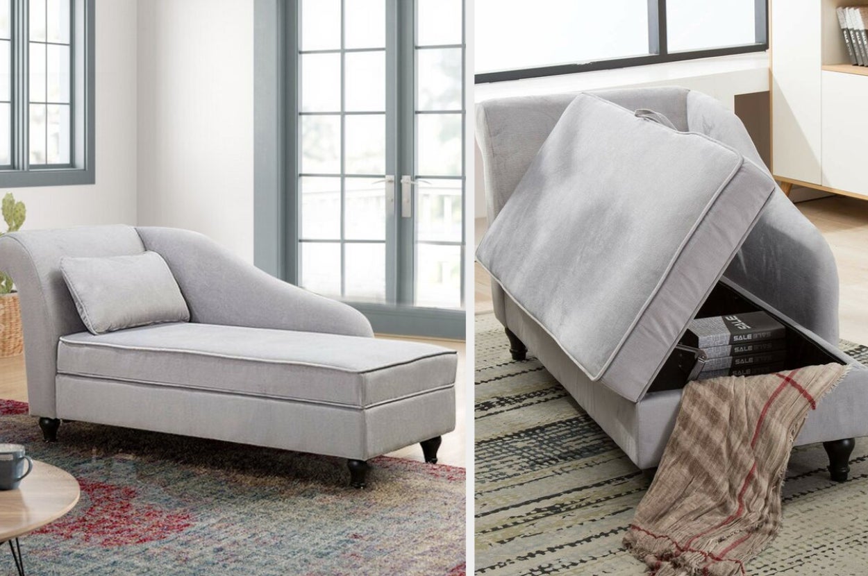 collage showing gray velvet chaise couch, lifestyle photo and showing storage space