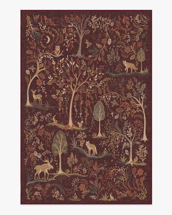 Intricate tapestry with wood  animals and foliage, featuring deer, foxes, and birds among decorative trees and plants