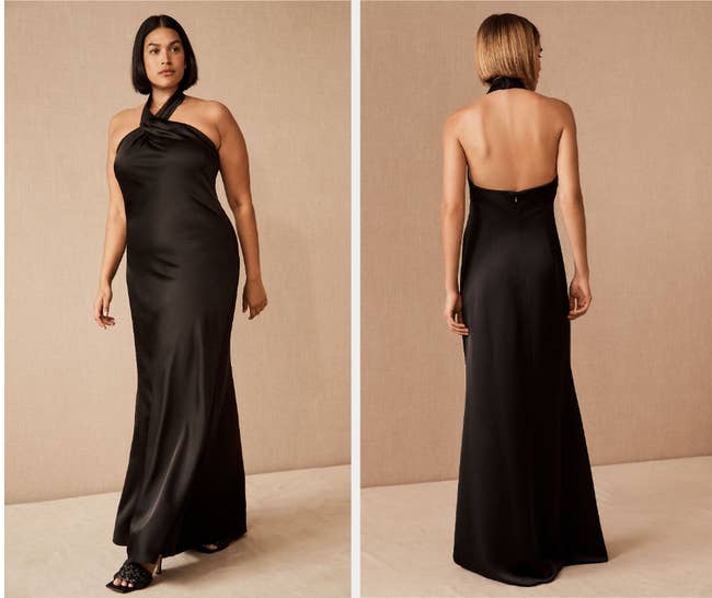 Two images of models wearing long black dresses