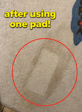 a reviewer's carpet with a rectangular clean spot where the pad was used