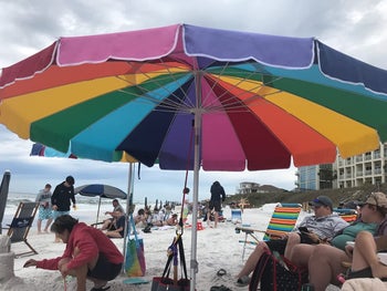 Reviewer image of colorful umbrella at a beach