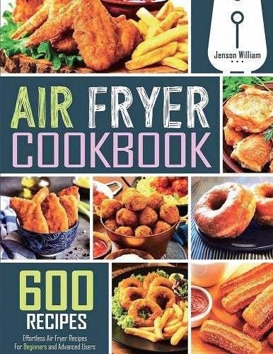 the Air Fryer Cookbook cover featuring assorted air-fried foods like doughnuts, chicken, and churros