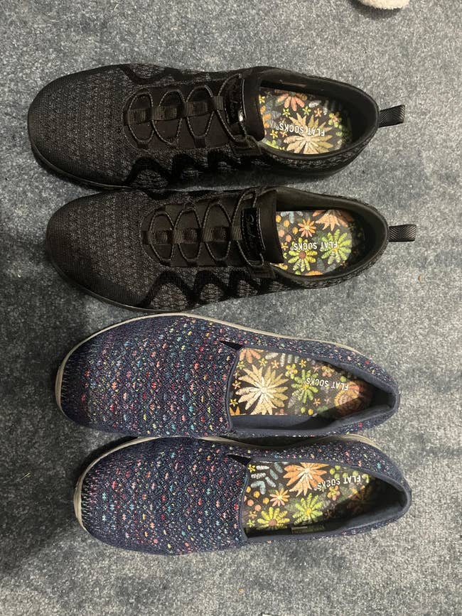 achromatic diversion shoes and sparkly slip-ons, some with floral-patterned insoles