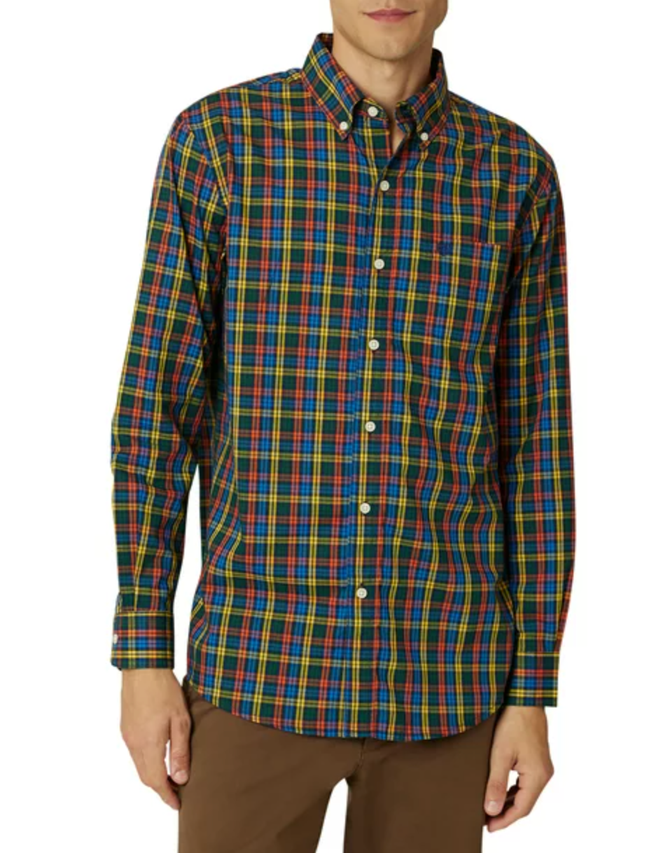 Multi-colored plaid men's button-up shirt