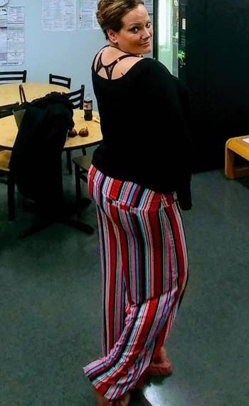 Person wearing striped pants and a achromatic top