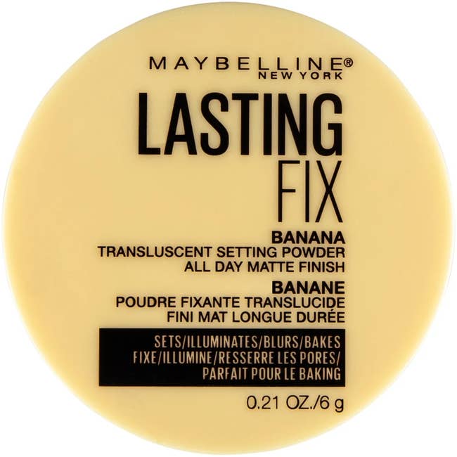 Maybelline Lasting Fix Banana translucent setting powder, promising all-day matte finish and pore tightening. 0.21 oz / 6g packaging