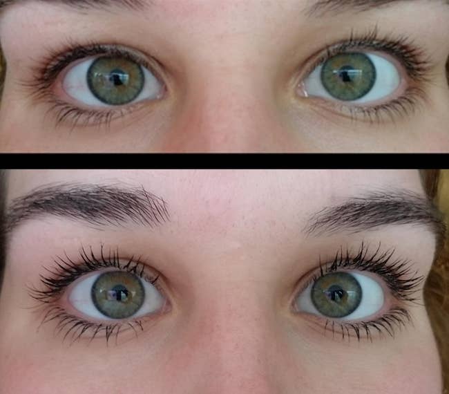 a reviewer photo of their lashes before and after applying the mascara 