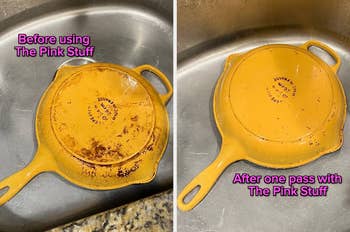 before and after of a yellow le creuset with burnt-on food and then completely clean