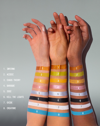 all of the eyeshadow shades swatched on three different skin tones