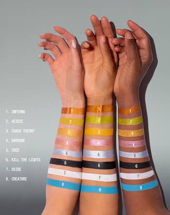 all of the eyeshadow shades swatched on three different skin tones