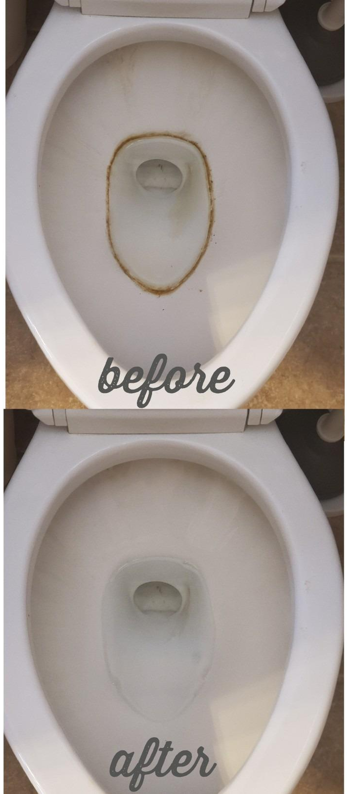 A reviewer's toilet before and after using pumice stone with dark ring mostly gone