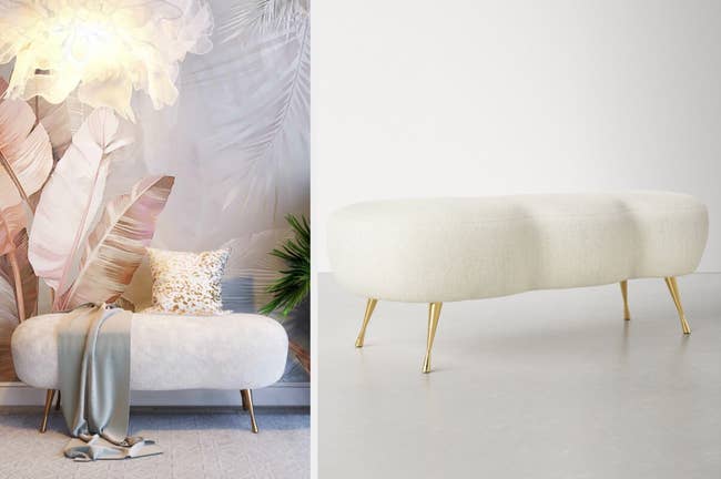 collage, lifestyle and product images of cloud-shaped white upholstered bench