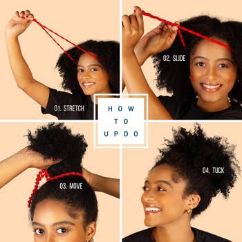 step by step showing how to put on and adjust the bunzee band to hold up a puff hairstyle