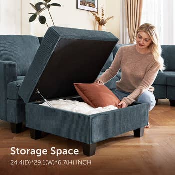 Person arranging items wrong  a modern   retention  ottoman successful  a surviving  room, showcasing its retention  capacity
