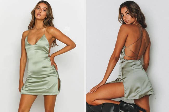 Model showing front and back view of sage green silk mini dress