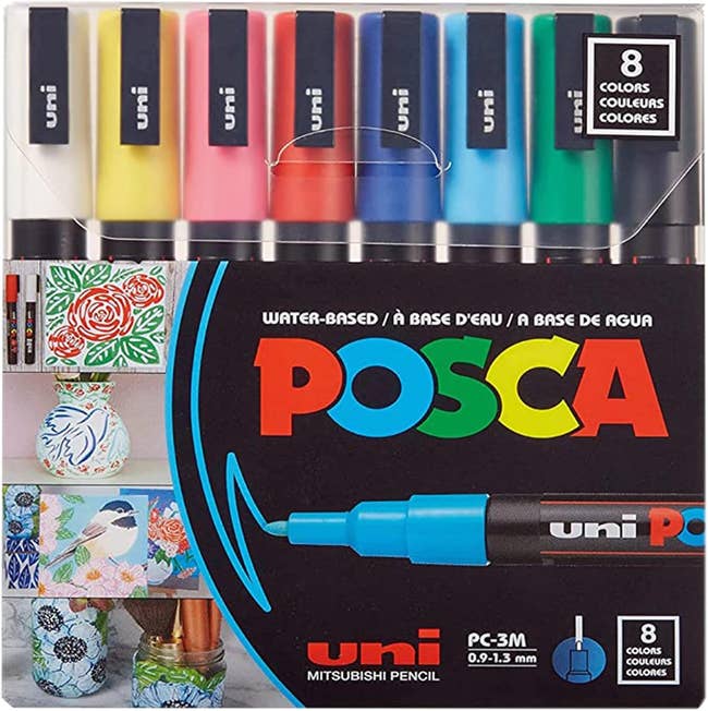 Set of 8 Uni Posca water-based markers, suitable for assorted surfaces and creator projects. Includes packaging plan with usage examples
