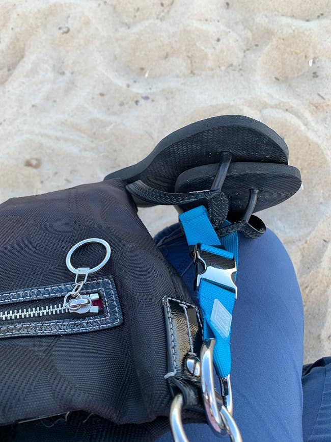 A reviewer's black backpack with a zipper pocket, a keyring attached, and blue straps. The backpack is placed on sandy ground, with a pair of black flip-flops partially visible