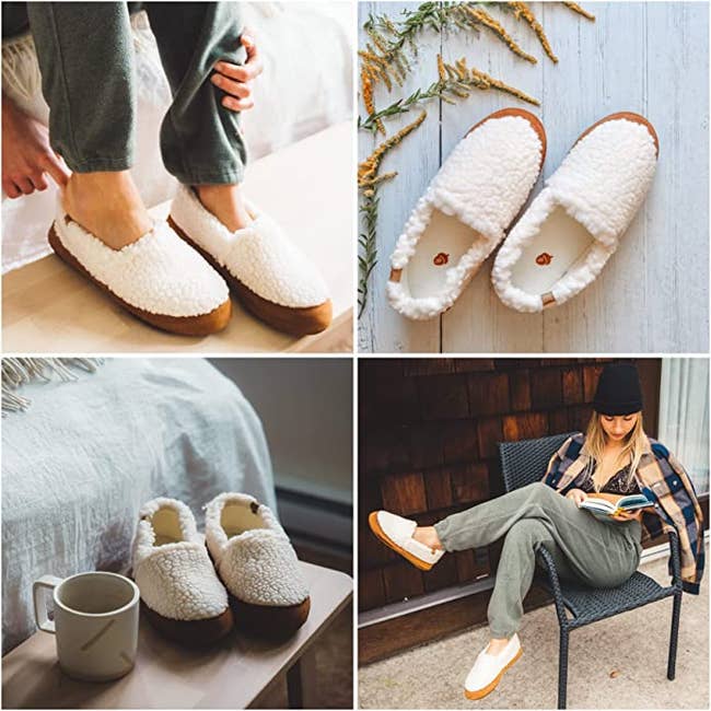 from top left — model wearing slippers; inside of the slippers; slippers next to a coffee mug; model wearing the slippers sitting in a chair