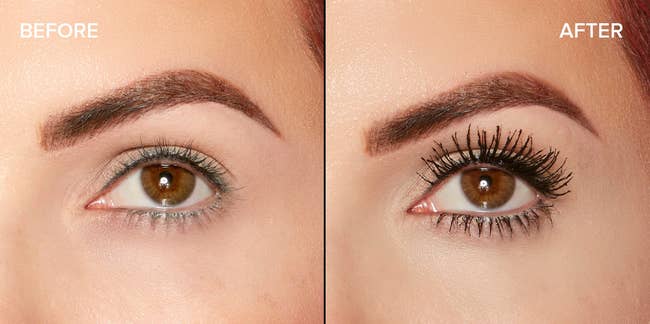 A model with long lashes before using the mascara / A model with elongated, thicker, lashes after using the mascara